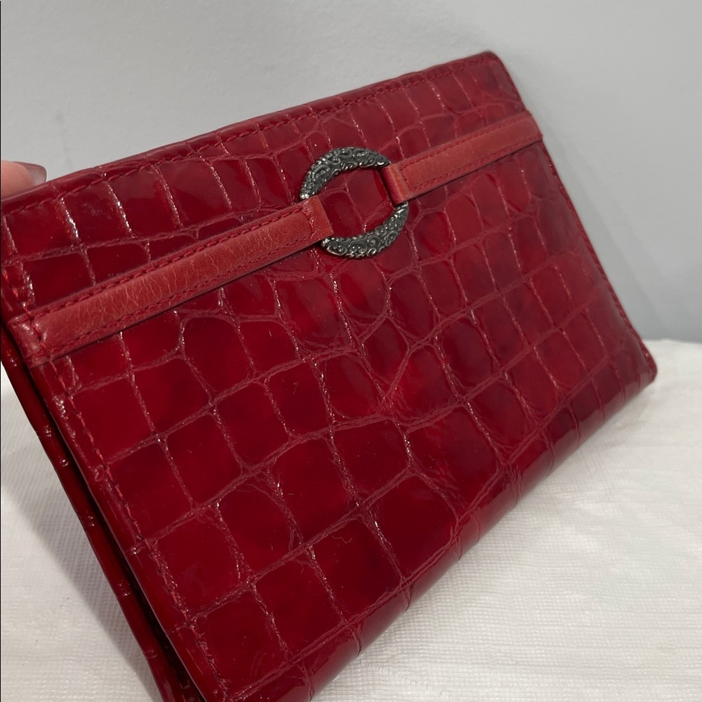 Brighton Red Croc Cher Portfolio Wallet patent red leather vintage pen pocket - Picture 3 of 15